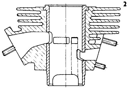 Теперь цилиндры не чугунные: они отлиты из алюминиевого сплава и имеют не два, а четыре продувочных канала. Поршень работает по чугунной гильзе, запрессованной в цилиндр