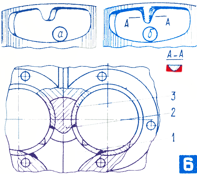 Рис. 6. Обработка впускного канала на входе в цилиндры: а — стандартное исполнение; б — скругление выступа; 1 — картер; 2 — вкладыш; 3 — цилиндр.